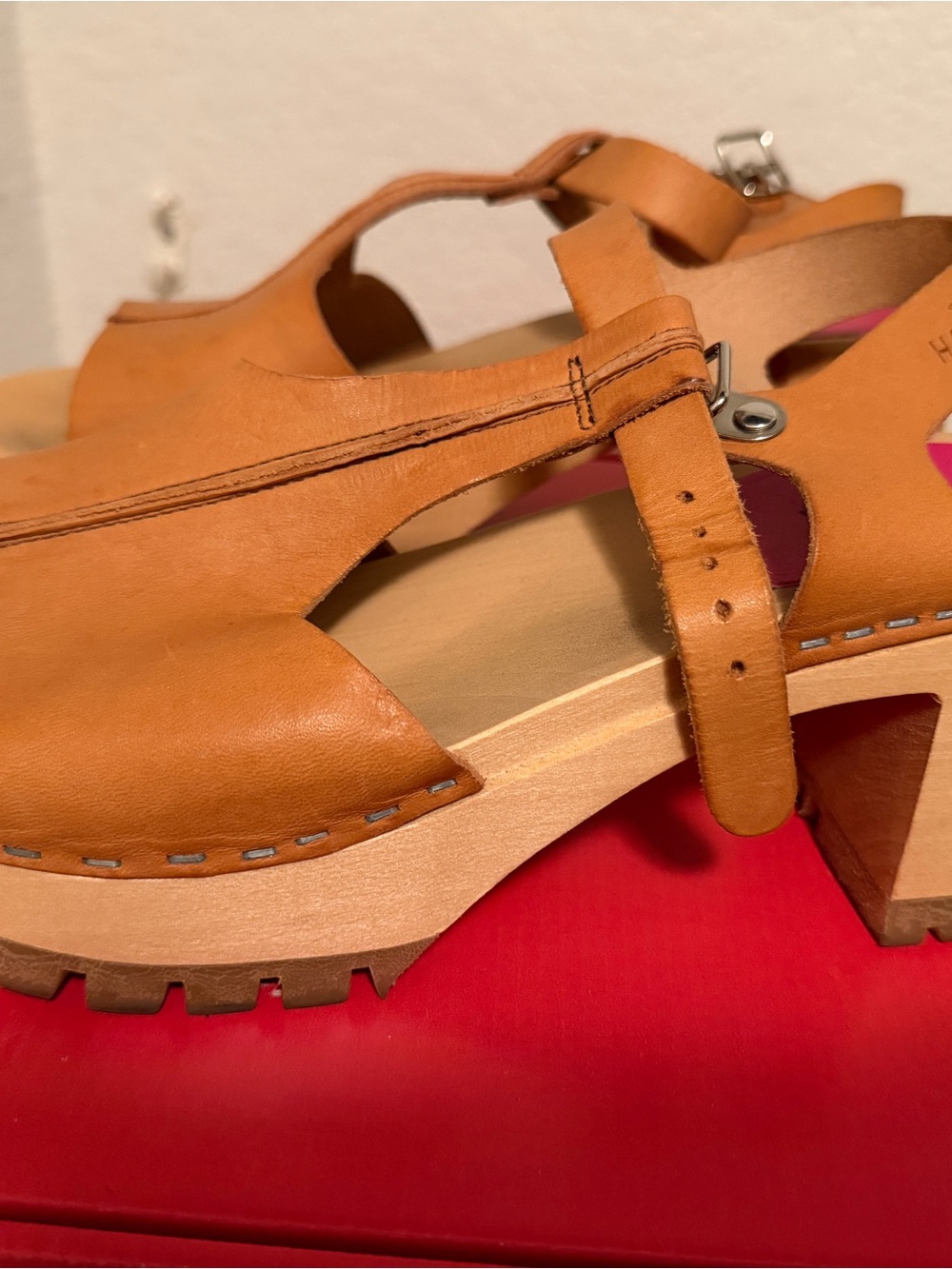 Swedish Hasbeens Stitch Tracta Tan Leather T-Strap Block Heel Sandals - Women - Picture 4 of 6